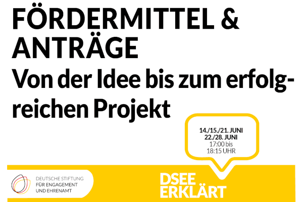 Grafik mit dem Text: Fördermittel und Anträge: Von der Idee bis zum erfolgreichen Projekt. 14./15./21./22./28. Juni 2022