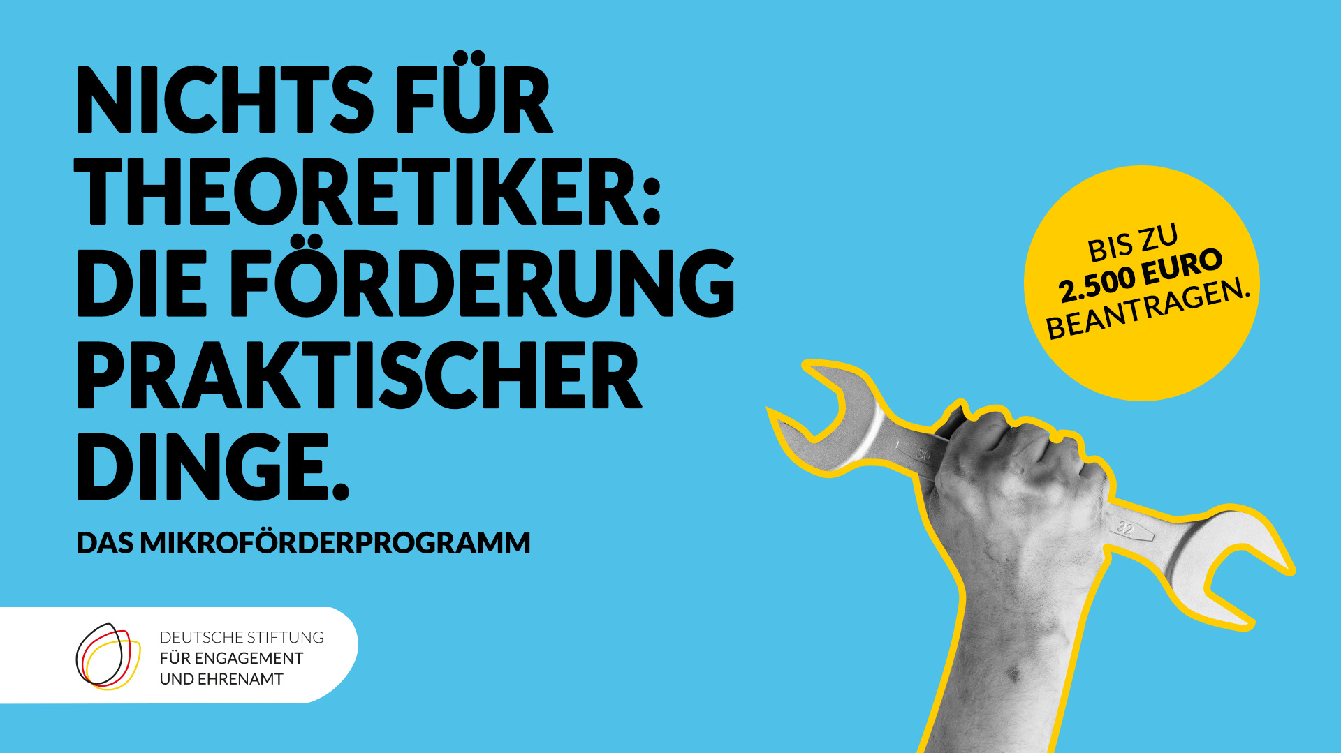 Farbige Kachel mit einer Hand und einem Schraubenschlüssel und der Aufschrift. Nichts für Theoretiker: Die Förderung praktischer Dinge. Das Mikroförderprogramm