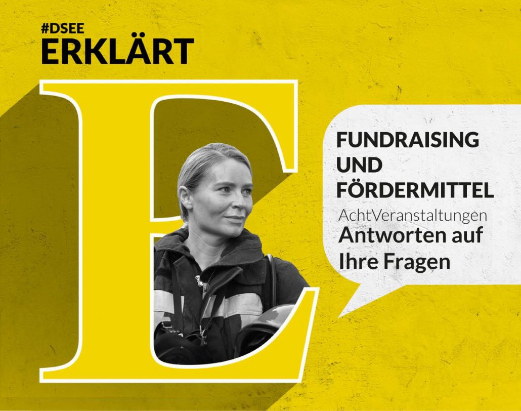 Grafik mit einer Frau und dem Text: Fundraising und Fördermittel. Acht Veranstaltungen. Antworten auf Ihre Fragen