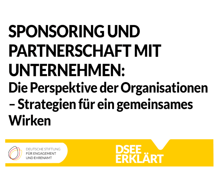 Grafik mit einer Sprechblase. Text: DSEE erklärt Sponsoring und Partnerschaft mit Unternehmen: Gemeinsames Wirken strategisch planen und umsetzen. 8./9. Februar 15./16. Februar 17:00 bis 18:15 Uhr