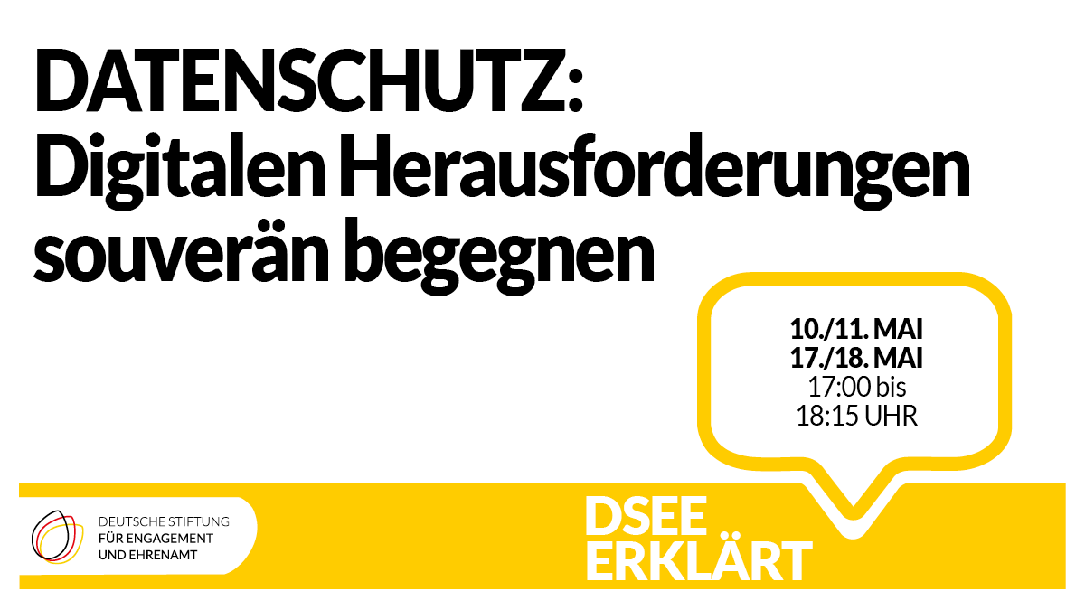 Grafik mit dem Logo der DSEE und einer Sprechblase. Text: Datenschutz. Digitalen Herausforderungen souverän begegnen.